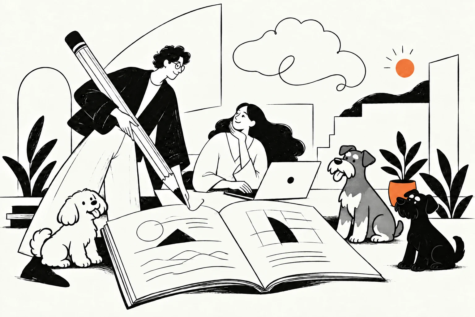 眼鏡の男性と女性、3匹の犬が大きな帳簿を囲むイラスト